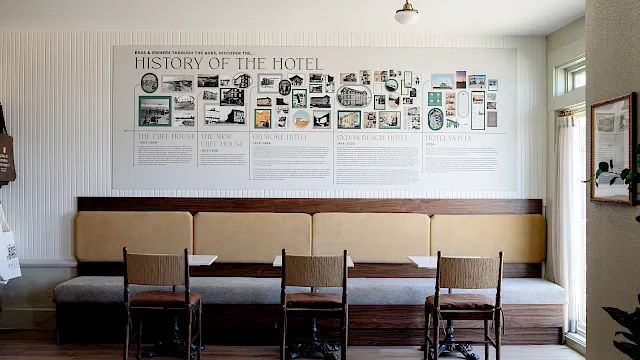 A hotel room shows a wall exhibit titled &ldquo;History of the Hotel,&rdquo; with photos and a sofa, chairs, and a framed display.