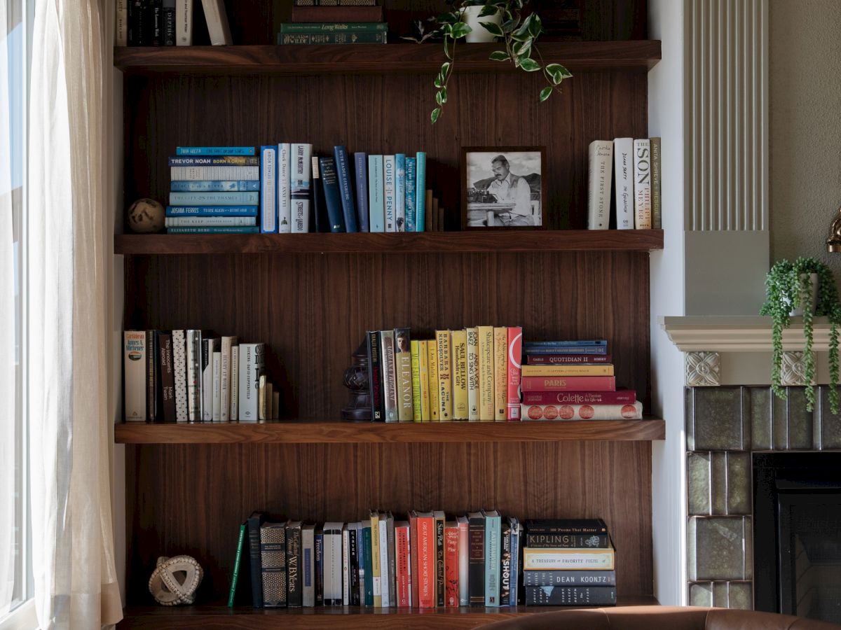A built-in wooden bookshelf packed with books, a plant, decor, and a leather armchair in a sunny room.