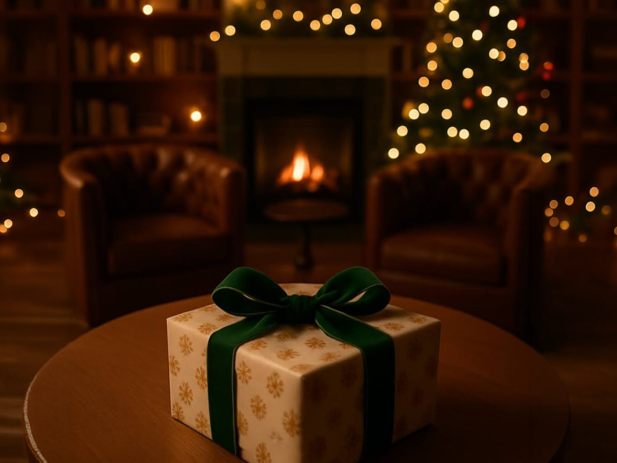 A wrapped gift with a green bow sits on a table in a cozy, candlelit room with a lit fireplace and glowing lights.