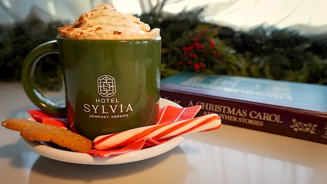 A green Hotel Sylvia mug holds a frothy spiced drink topped with cream, alongside a candy cane and breadsticks on a plate.