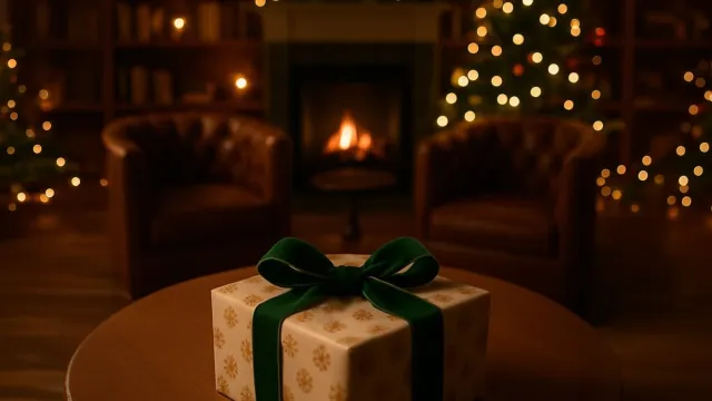 A wrapped holiday gift with a green bow sits on a wooden table in a cozy, candlelit room with warm lights.
